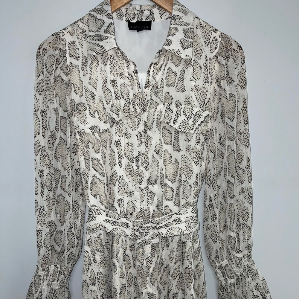 Lucy Paris Long Sleeve Belted Dress Women’s Small‎ Tan Snakeskin Print - Picture 3 of 10
